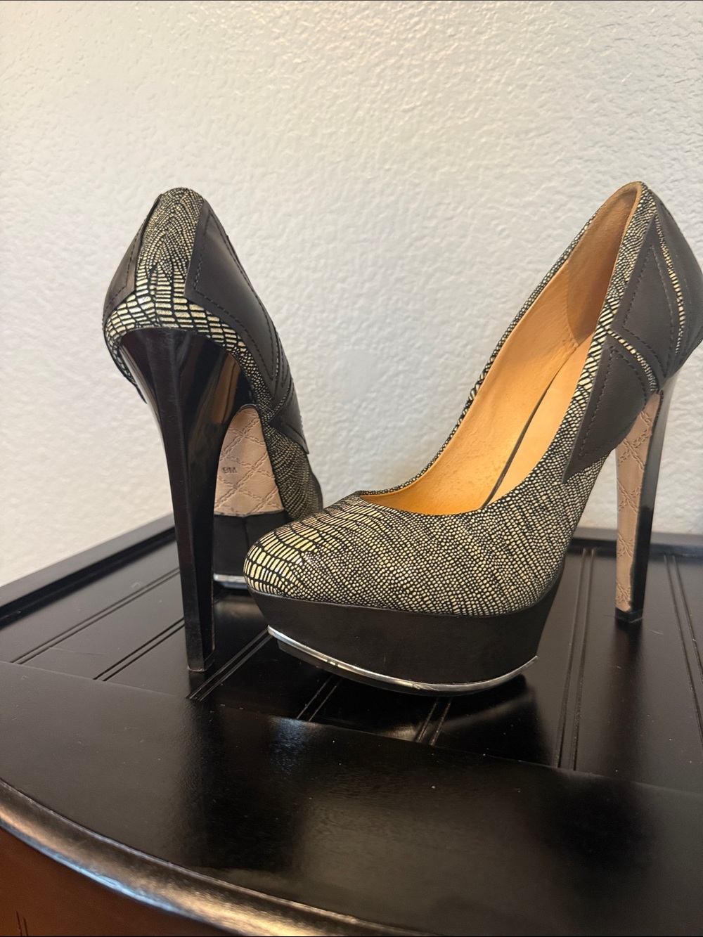 L.A.M.B. Tweed Platform Pumps with Black Leather Trim